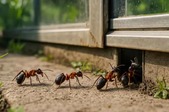 Mrówki wchodzą do nory przy budynku. Szukasz co na mrowki w ogrodzie?