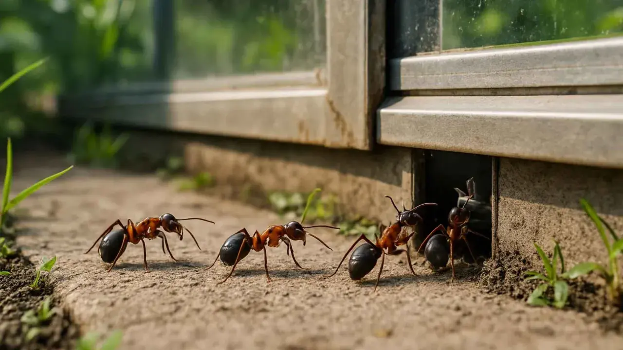 Mrówki wchodzą do nory przy budynku. Szukasz co na mrowki w ogrodzie?