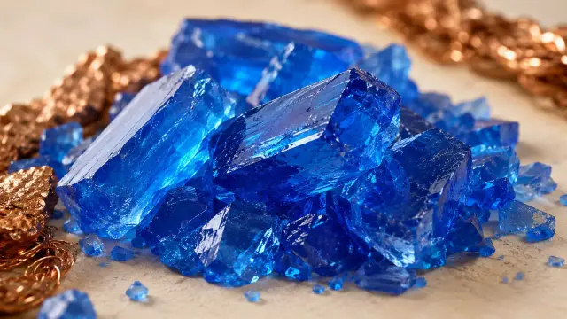 Błękitne kryształy siarczanu magnezu siedmiowodnego lśnią obok miedzianych grudek.